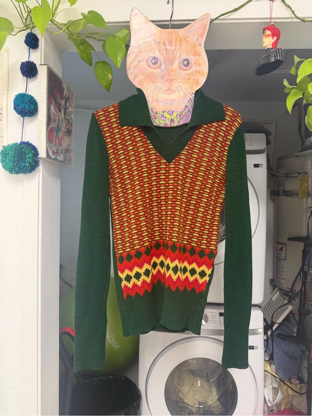 Green Fair Isle V‑Neck Sweater with Red & Yellow Pattern
